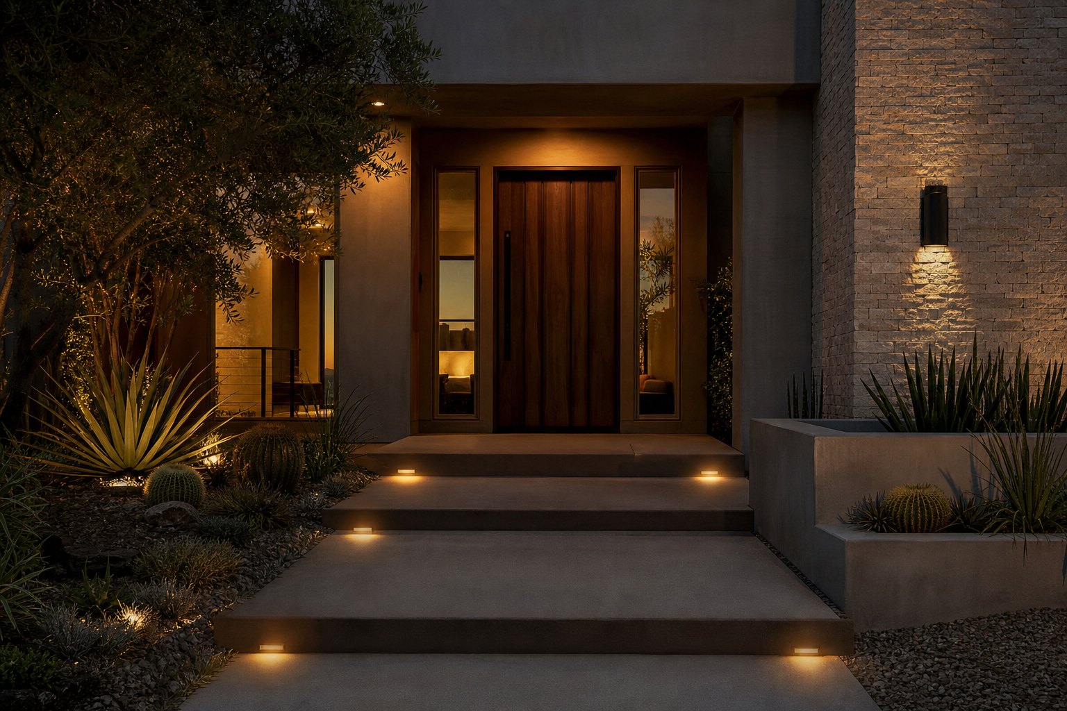 Front entry of a California home in evening light